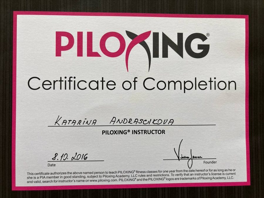 Certifikát Piloxing Instructor, Katarína Andraščíková, 2016